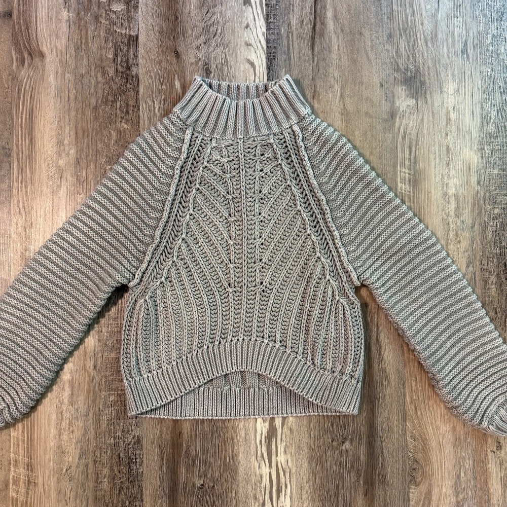 Free People Sweetheart Sweater Chunky Knit Mock Neck Balloon sleeves Sz XS Gray
